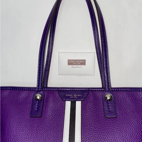 Henri Bendel Tote Large Leather West 57th Stripe North South Handbag Acai Purple - Picture 5 of 9